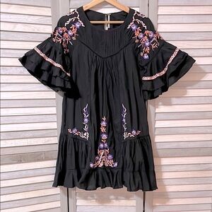 Free People black mini Dress with Floral Embroidery
